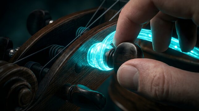 Close up of hand tuning a cello peg with a glowing fiber optic neon string representing modern digital music technology