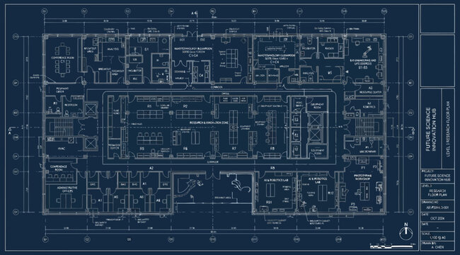 Blueprinted office floor plan with central workstation area and multiple private rooms