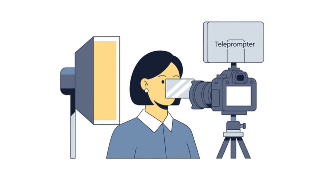 Woman Recording Video with Teleprompter and Studio Lighting Flat Vector Illustration