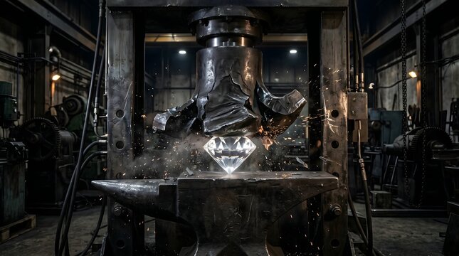 Heavy industrial hydraulic press shattering as it attempts to crush a giant indestructible glowing diamond on an anvil