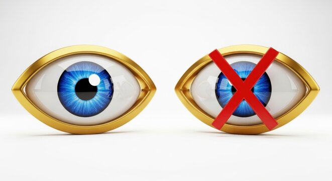 blue eye icons, gold rim, one with red X mark, symbol set