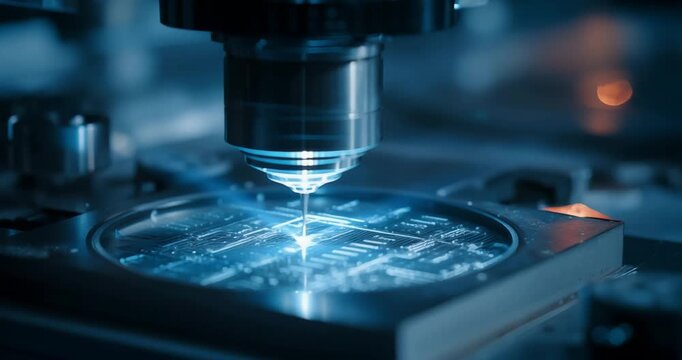 Precision laser engraving intricate patterns onto a silicon wafer in a cleanroom environment