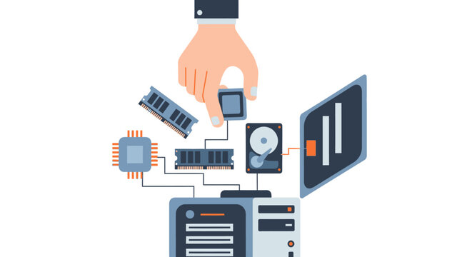Flat Vector Illustration of a Hand Assembling a Custom Desktop PC with Various Computer Hardware Components Like CPU, RAM, and Hard Drive