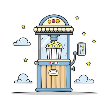 Hand-drawn retro popcorn machine filled with kernels and ready for movie night