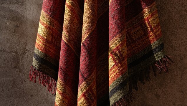 A detailed view of a vibrant Peruvian poncho hanging on the wall.