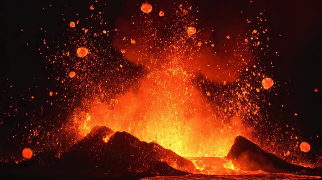 Explosive volcanic eruption at night featuring molten lava bursting from a crater, glowing embers flying, and red smoke billowing into the dark sky above a liquid lava flow.