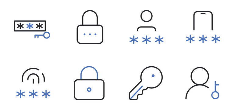 Security Password Authentication Editable Line Icons Set Vector Illustration.