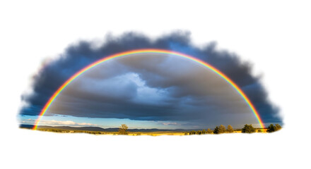 Obraz premium Beautiful vibrant rainbow isolated against a dramatic stormy sky over a serene natural landscape