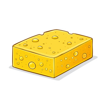 Bright Yellow Sponge with Water Droplets Isolated on White Background