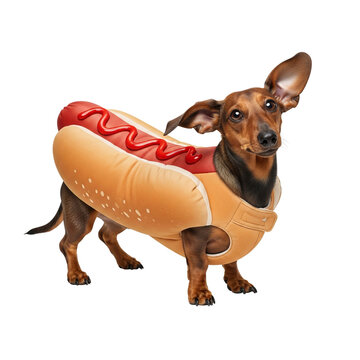 Cute Dachshund dog species,breeds in hot dog costume on isolated white background, adorable pet wearing funny Halloween outfit, studio shot