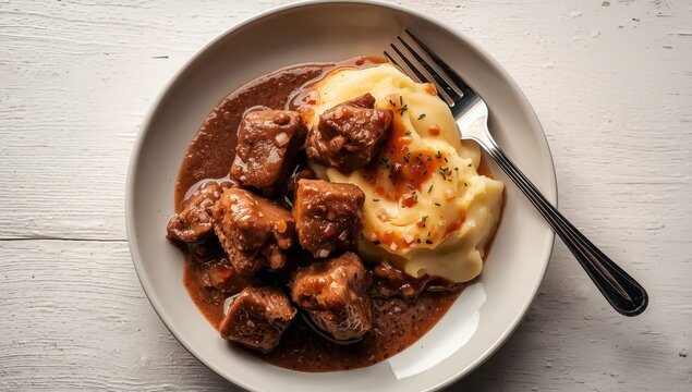 Tender red wine-braised beef with mashed potatoes on a white wooden table, overhead view, empty space.