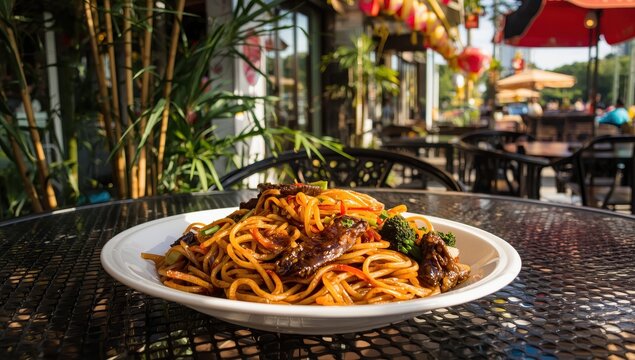 Thai beef stir-fried wide rice noodles with Chinese broccoli served outdoors on a metal table. Classic pad see ew in a relaxed atmosphere.