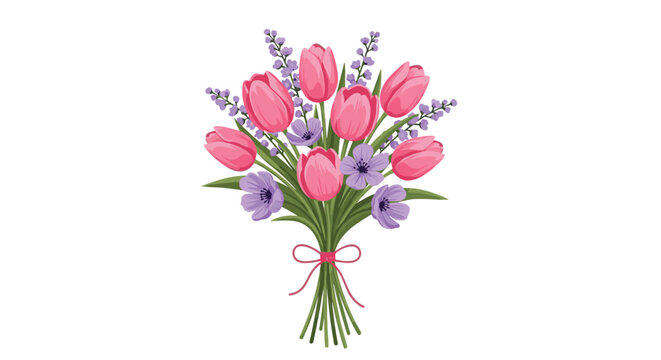 Beautiful bouquet of pink tulips and purple anemone flowers tied with a red ribbon, isolated on a white background for fresh spring floral design.