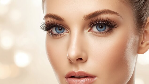 Closeup of a lovely woman post lash lamination and tinting on a light backdrop.