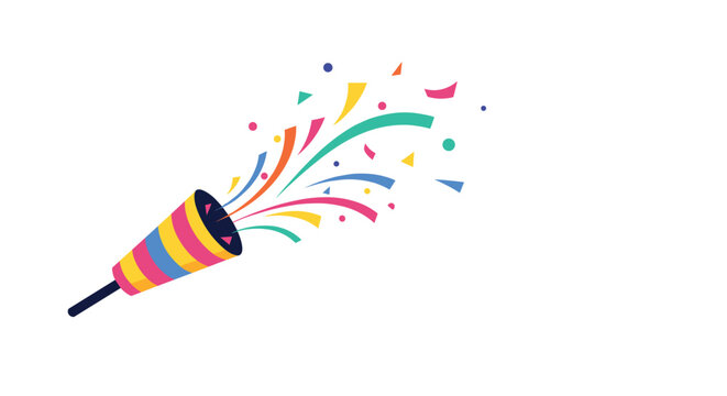 Colorful party popper exploding with confetti and streamers on a white background, perfect for a joyful celebration and holiday event themes.