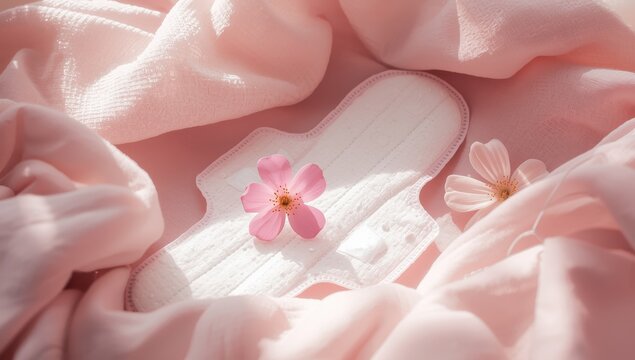 Women's hygiene items, pink blossom on pad. Personal care, female hygiene concept image. Gentle protection for menstrual days, period cycle. Sanitary napkins.