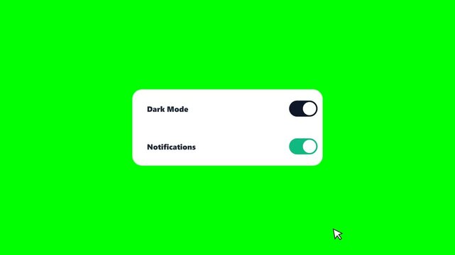 Animation of a cursor clicking dark mode and notification toggle switches on a white preferences card on green screen best for technology and app design tutorials