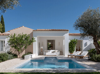 Fototapeta premium A white Mediterranean villa with a turquoise pool, surrounded by olive trees and sunlit gravel under a clear blue sky.