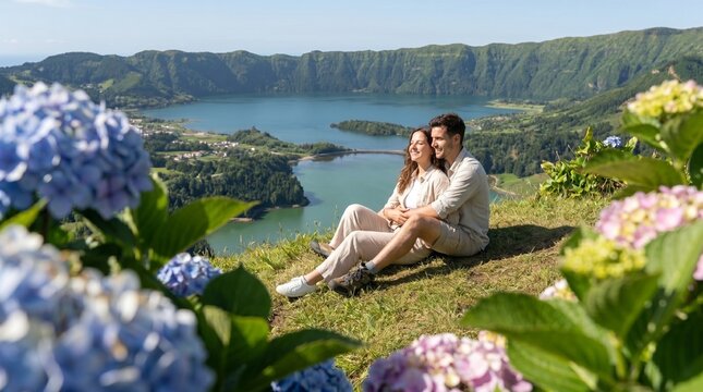 Casal apaixonado abra&ccedil;ado com vista para a lagoa das Sete Cidades em S&atilde;o Miguel, rodeado por hort&ecirc;nsias e natureza exuberante dos A&ccedil;ores.