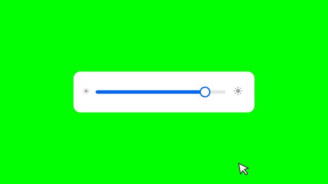 Animation of a cursor adjusting a brightness slider control bar on a white interface card with green screen best for computer technology and design tutorials.