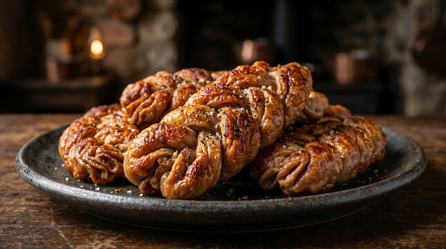 Traditional British Chitterlings &ndash; Close-Up of Classic Pan-Seared Crispy Pig Intestines