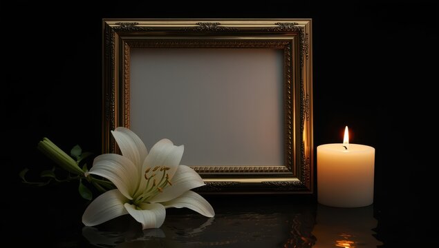 Empty memorial frame, lily, and lit candle on black backdrop.