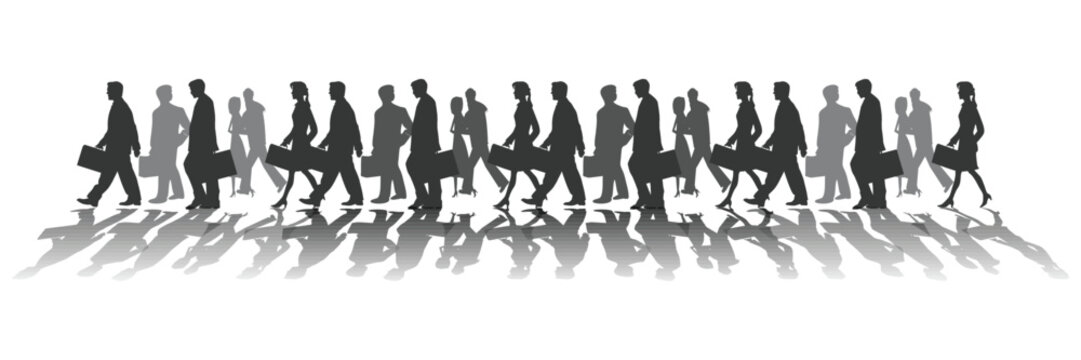 Gray silhouette crowd of walking business people with shadows. Large group of professionals moving together in one direction. Flat vector illustration for teamwork and community concepts.

