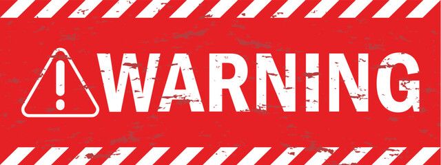 Fototapeta premium Red warning banner with bold text and diagonal stripes. High-visibility caution label featuring a triangle alert symbol. Flat vector design for safety, hazard, and industrial use.