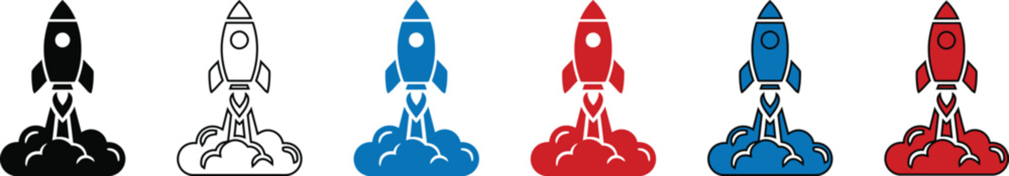Rocket launch icon set black white blue and red variations