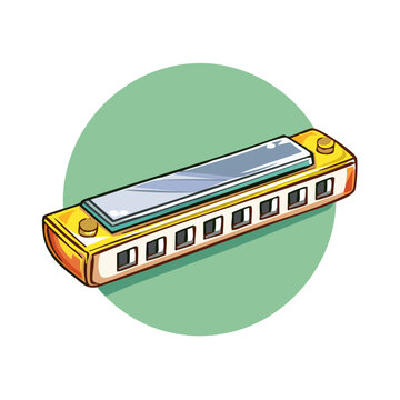 Golden harmonica with metallic reeds in a green circle illustration
