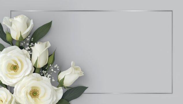 Gray backdrop with white roses. Floral condolence postcard. White funeral card.
