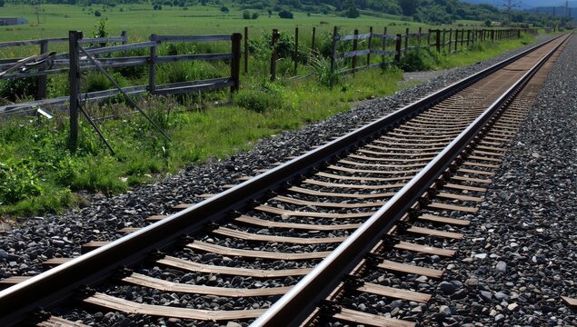 Side view of five railway tracks on gravel, with a parallel fence and a green landscape featuring grass and bushes behind.