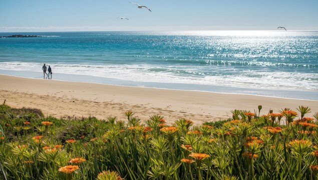 Harakeke blooms at Takapuna beach with indistinct figures strolling. Auckland.