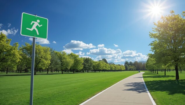 Sign on a pole for a running track in a park, beside a running path, with lush trees and a clear sky. High-quality image.