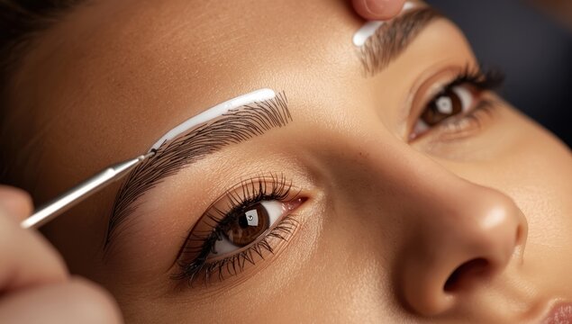 Prepping and measuring brows prior to microblading or henna application. White paste, threading involved.