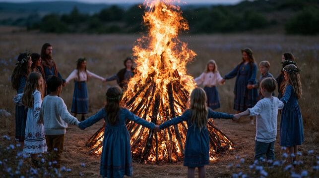 Summer solstice bonfire celebration in a wide open rural field, a circle of adults and children holding hands around tall dancing flames at dusk, wildflowers visible at the meadow's edge and the lon