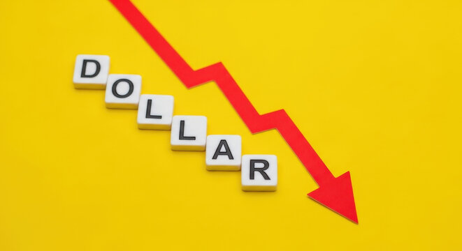 Dollar Decline Concept with Letter Tiles and Red Downward Arrow on Yellow Background Showing Currency Devaluation or Economic Downturn