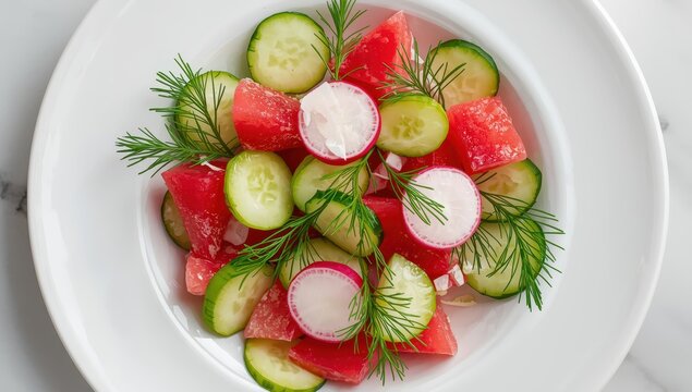 Top view of a white plate with a fresh vegan salad featuring watermelon radish and cucumber, with space for text.