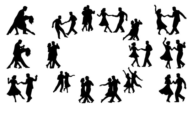 Classic Swing Dance Silhouettes Set Featuring Retro Couples in Vintage Partner Dance Poses