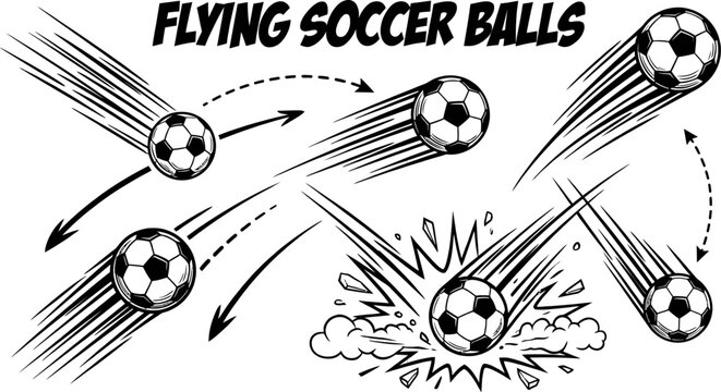 flying soccer balls in motion with speed lines and explosion  sports graphic element
