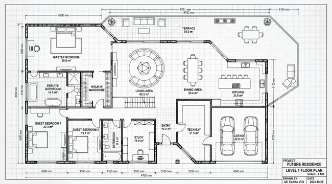 Detailed residential house floor plan with garage, kitchen, living area, and bedrooms