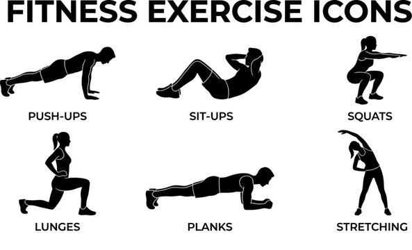 fitness exercises icons with people doing pushups situps squats lunges planks and stretching