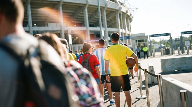Fans queuing outside a stadium with a soccer ball