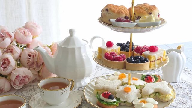 Summer theme afternoon tea table scene with scones, desserts with fresh berries and garden theme finger sandwiches and crostini. Slow downward panning motion.