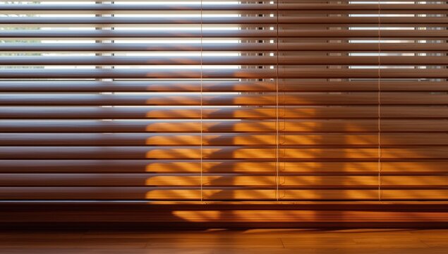 Partially closed window blinds create a horizontal pattern, lit from behind by outdoor light.