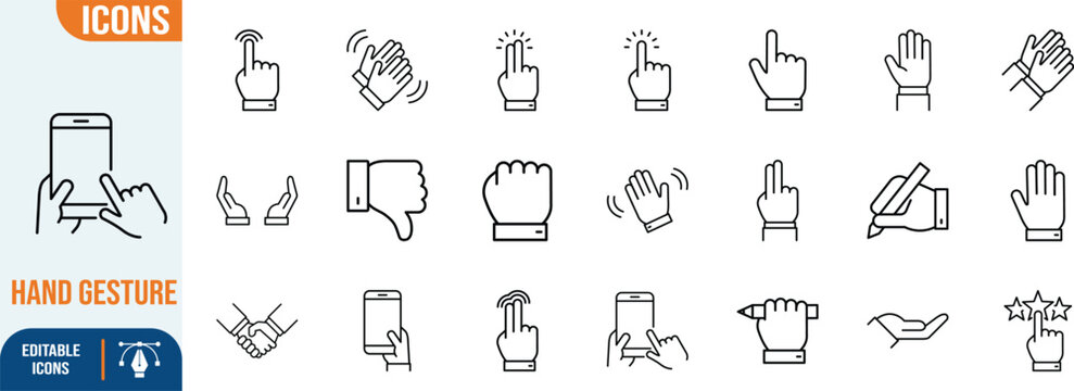 Hand gestures touch interaction actions. hand icon set, smartphone icon set, pencil icon set
