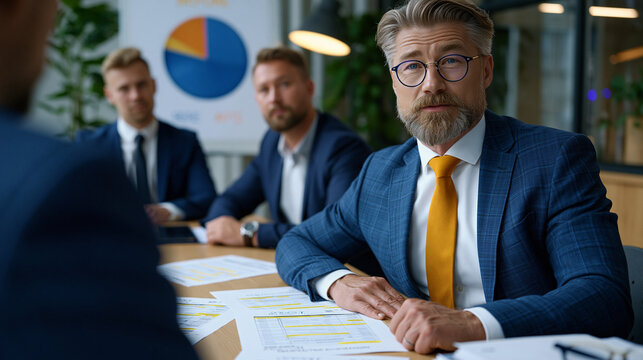 Budget reallocation meeting where a CFO draws a before-and-after pie chart on a whiteboard, three department heads seated around a narrow table with printed cost reports and highlighted line items s