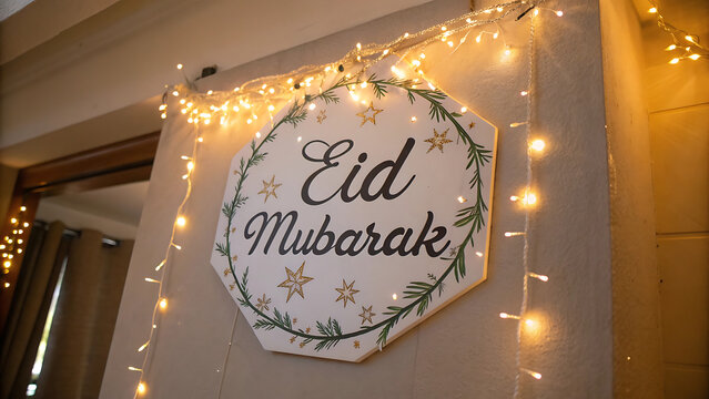 Eid mubarak sign with glowing fairy lights Vector