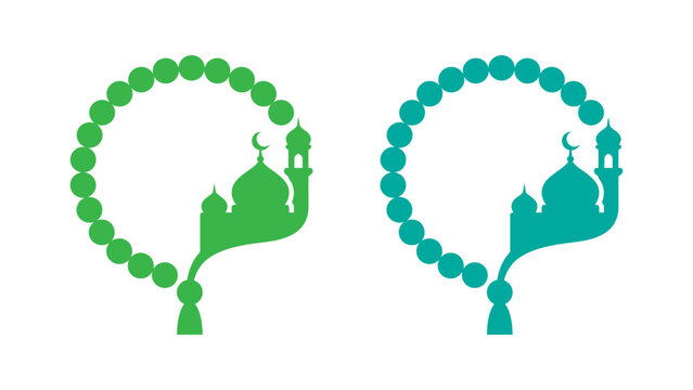 Islamic prayer beads tasbih with mosque silhouette vector icon set for ramadan kareem and eid mubarak religious celebration