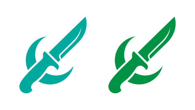Green dagger vector icons with curved blades and crescent moon elements for fantasy gaming and weapon interface design